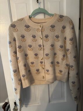 Cream Floral Pattern Button-Front Cardigan Sweater